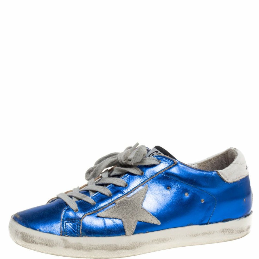 Women * | Golden Goose Metallic Leather And Grey Suede Superstar Lace Up Sneakers Size 38 For Women Blue