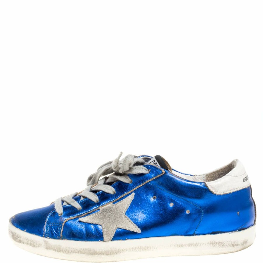 Women * | Golden Goose Metallic Leather And Grey Suede Superstar Lace Up Sneakers Size 38 For Women Blue