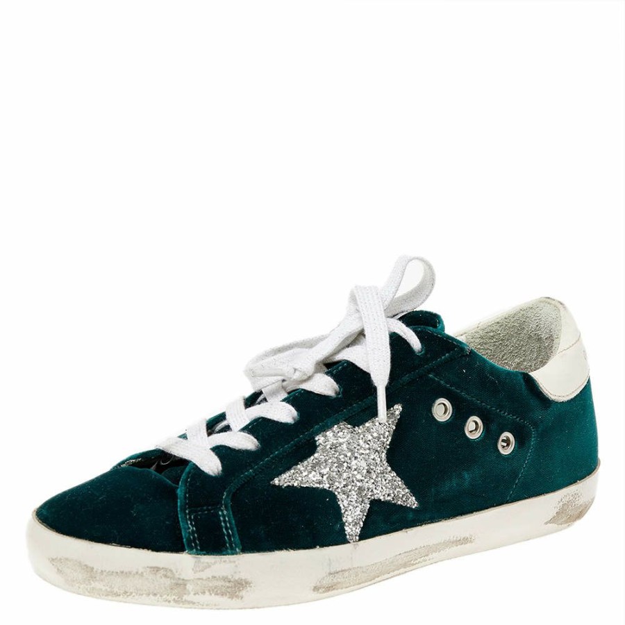 Women * | Golden Goose /White Velvet And Leather Superstar Low Top Sneakers Size 38 For Women Green