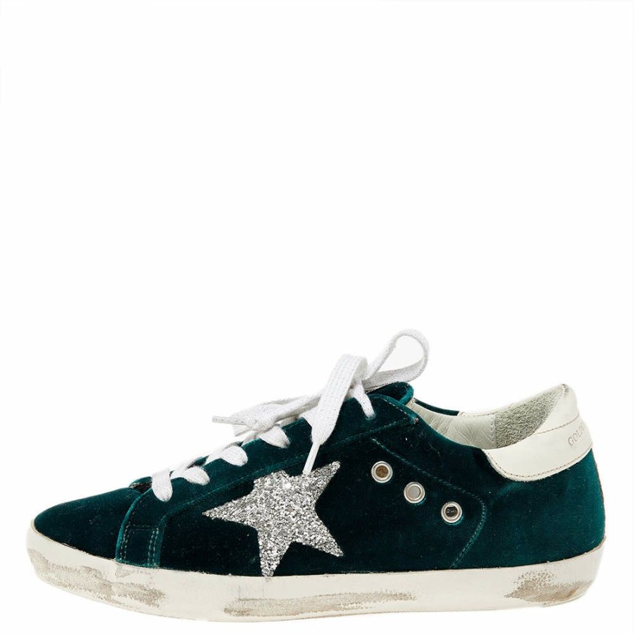 Women * | Golden Goose /White Velvet And Leather Superstar Low Top Sneakers Size 38 For Women Green