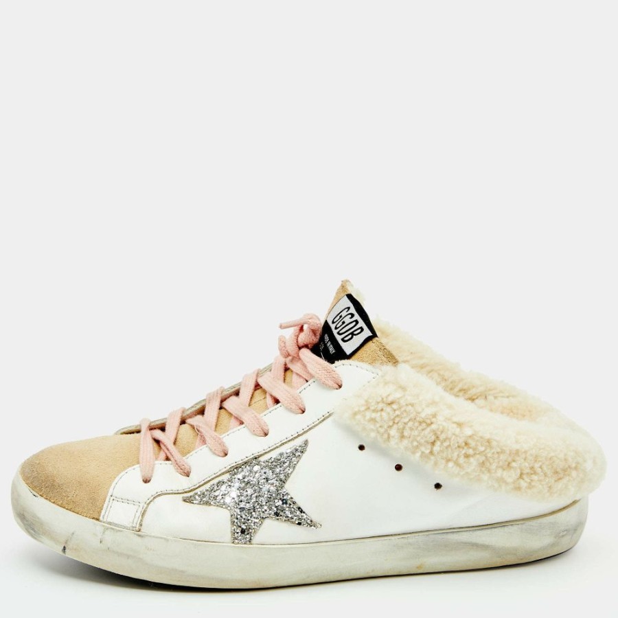 Women * | Golden Goose /Beige Leather And Suede Superstar Sabot Shearling Sneakers Size 39 For Women White