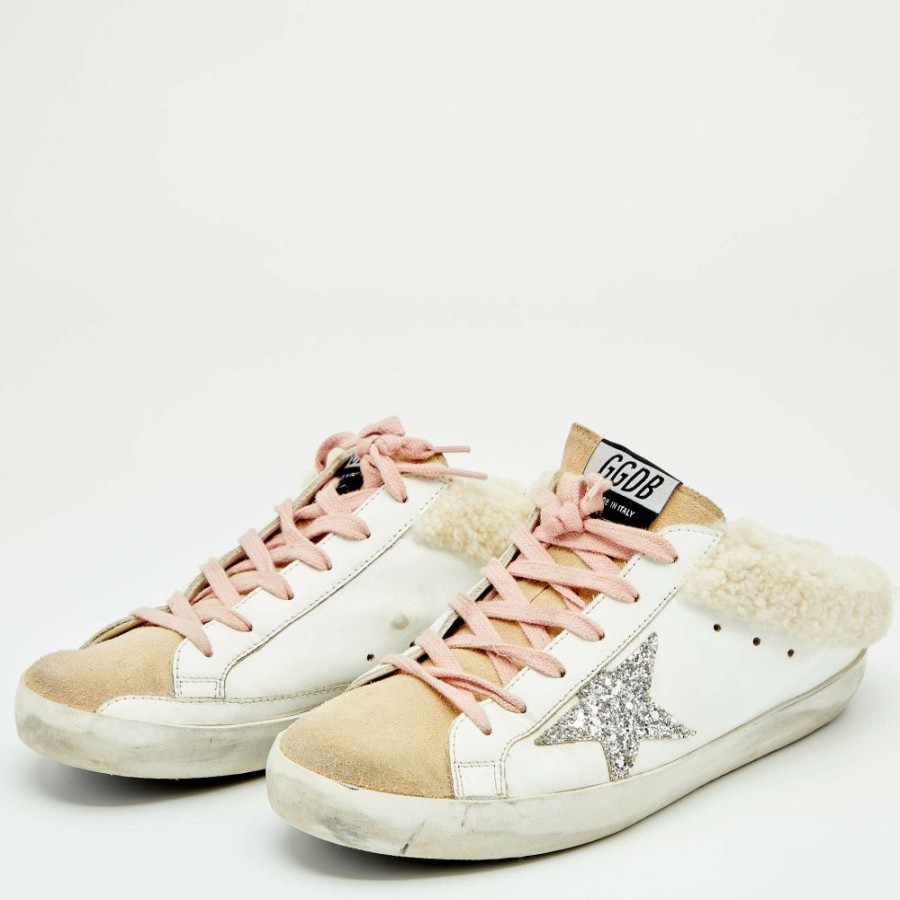 Women * | Golden Goose /Beige Leather And Suede Superstar Sabot Shearling Sneakers Size 39 For Women White