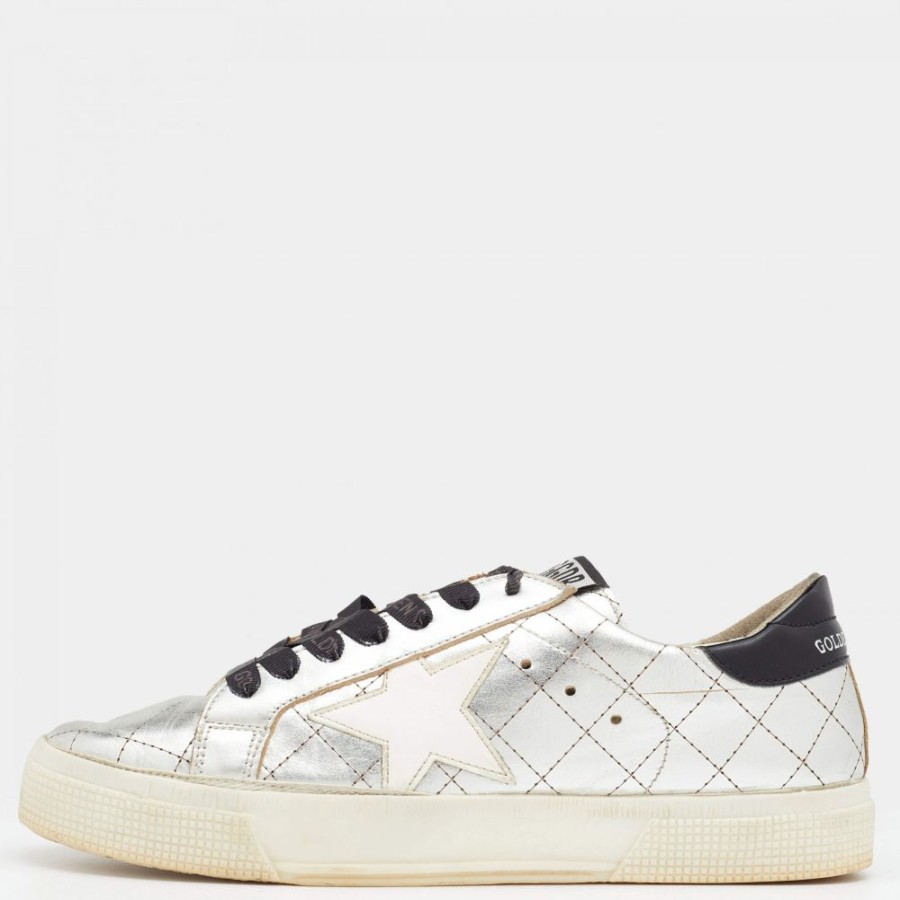 Women * | Golden Goose Quilted Leather Lace Up Sneakers Size 38 For Women Silver