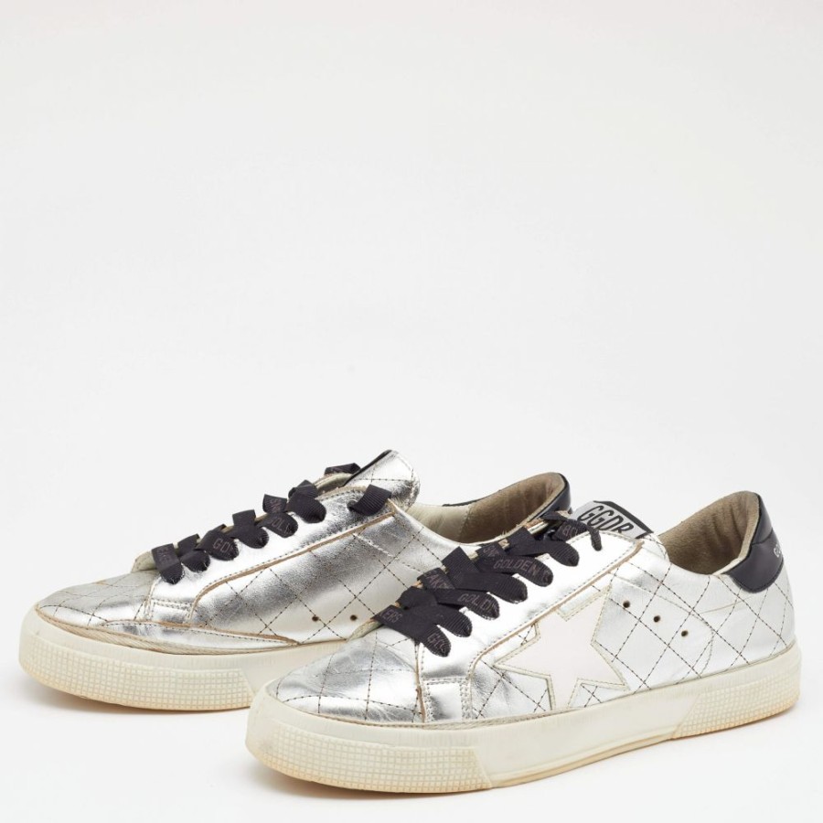 Women * | Golden Goose Quilted Leather Lace Up Sneakers Size 38 For Women Silver