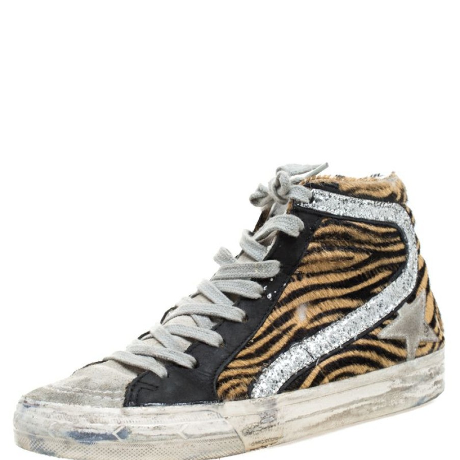 Women * | Golden Goose Leather And Zebra Print Pony Hair High Top Sneakers Size 36 For Women Multicolor