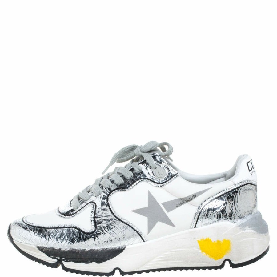 Women * | Golden Goose /Silver Fabric And Leather Lace Up Sneakers Size 40 For Women White