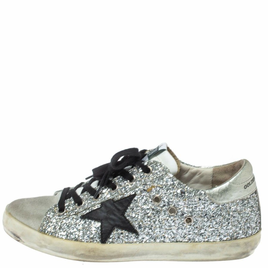 Women * | Golden Goose Glitter And Suede Superstar Low Top Sneakers Size 39 For Women Silver