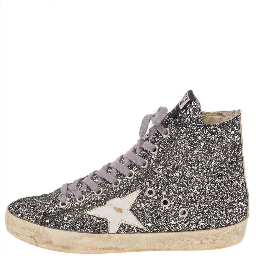 Women * | Golden Goose Glitter Fabric And Leather High Top Francy Sneakers Size 38 For Women Silver