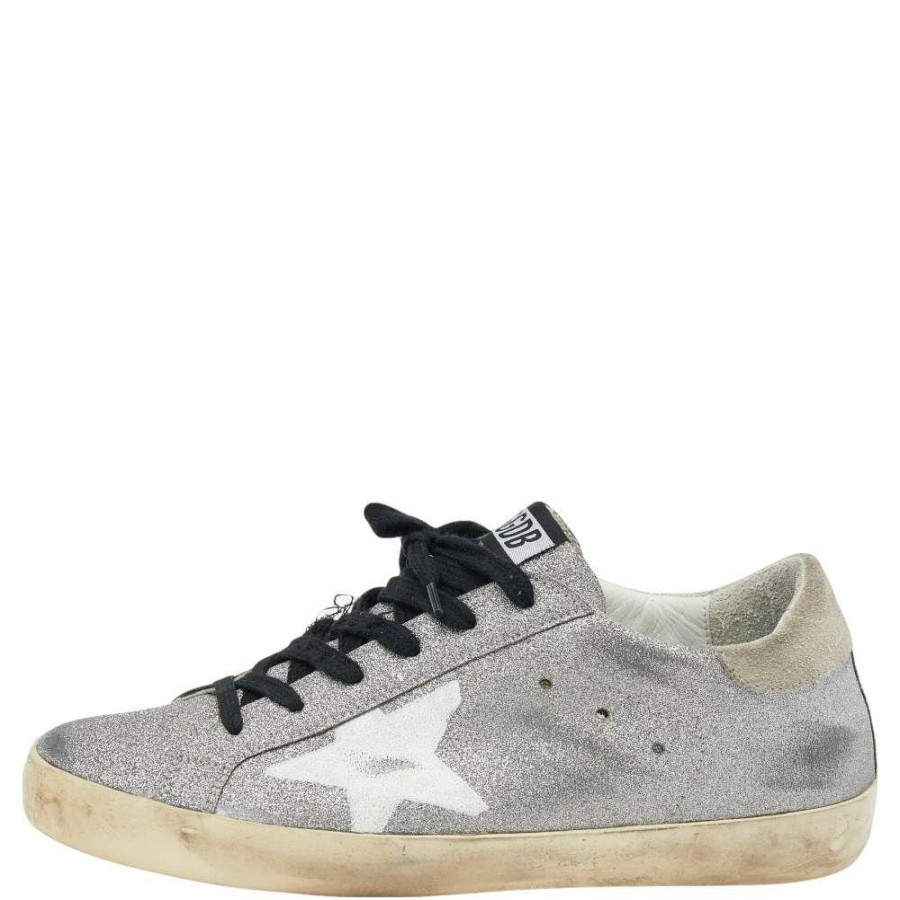 Women * | Golden Goose /Grey Glitter And Suede Super Star Low Top Sneakers Size 39 For Women Silver