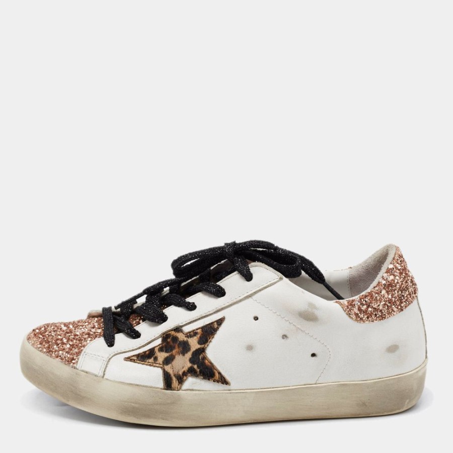 Women * | Golden Goose /Rose Gold Leather And Glitter Super Star Low-Top Sneakers Size 36 For Women White