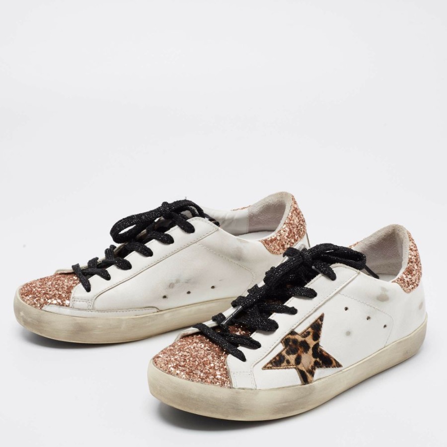 Women * | Golden Goose /Rose Gold Leather And Glitter Super Star Low-Top Sneakers Size 36 For Women White