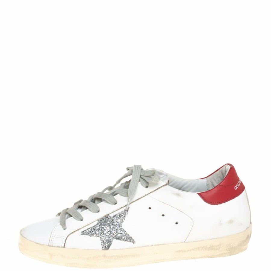 Women * | Golden Goose /Silver Leather And Glitter Superstar Lace Up Sneakers Size 40 For Women White