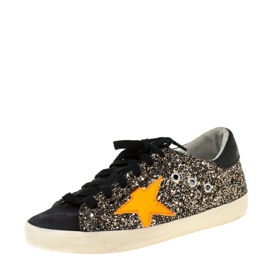 Men * | Golden Goose /Neon Orange Glitter And Suede Superstar Lace Up Sneakers Size 36 For Men Black