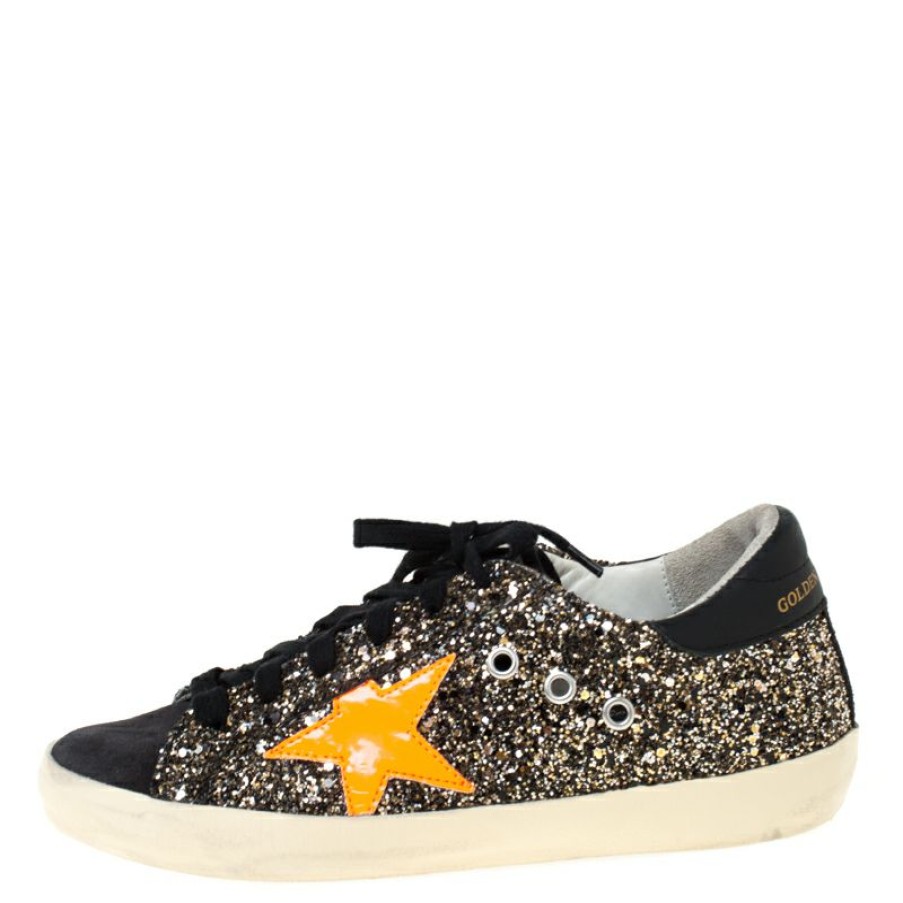 Men * | Golden Goose /Neon Orange Glitter And Suede Superstar Lace Up Sneakers Size 36 For Men Black