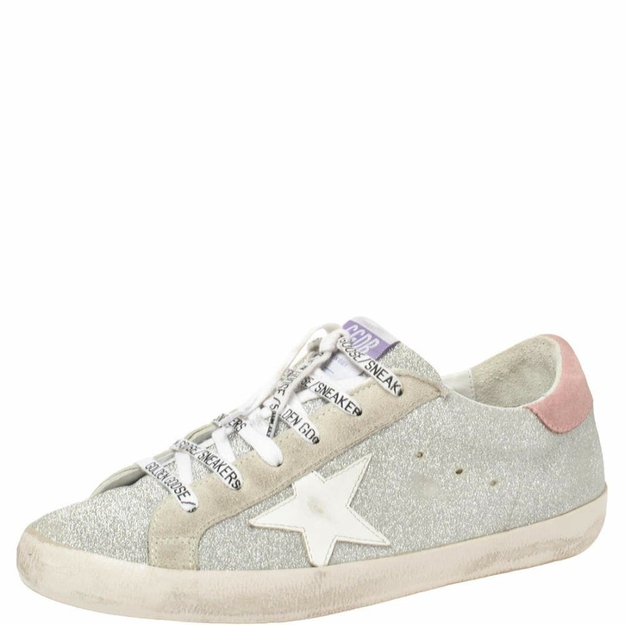 Women * | Golden Goose /White Glitter And Suede Superstar Sneakers Size 41 For Women Silver