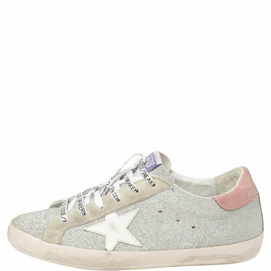 Women * | Golden Goose /White Glitter And Suede Superstar Sneakers Size 41 For Women Silver