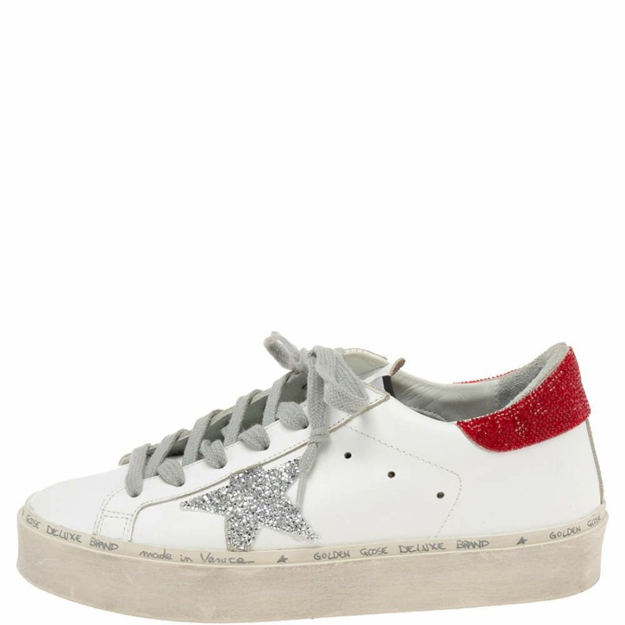 Women * | Golden Goose Leather Crystal Embellished Hi Star Low Top Sneakers Size 36 For Women White