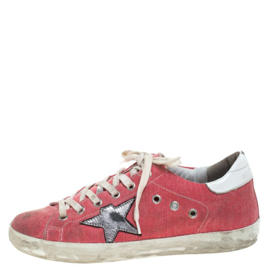 Women * | Golden Goose Denim And Metallic Silver Star Applique Low Top Sneakers Size 39 For Women Pink