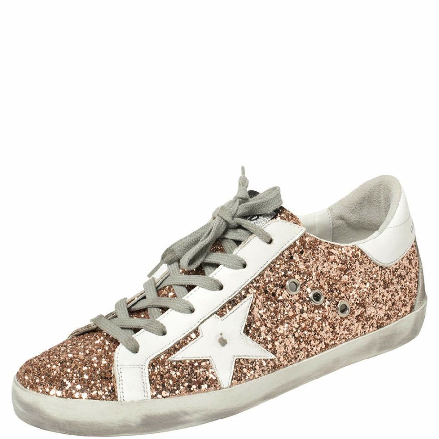 Women * | Golden Goose Rose Gold Glitter And Leather Superstar Sneakers Size 40 For Women White