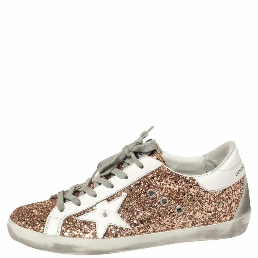 Women * | Golden Goose Rose Gold Glitter And Leather Superstar Sneakers Size 40 For Women White