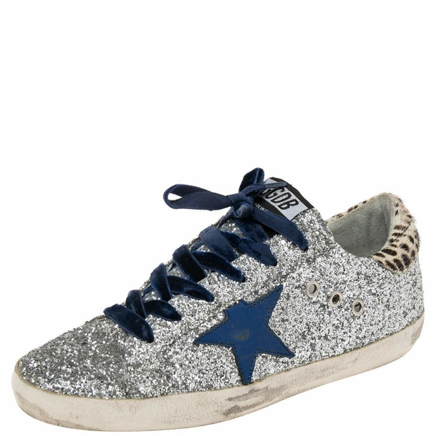 Women * | Golden Goose /Beige Pony Hair And Glitter Superstar Sneakers Size 39 For Women Silver