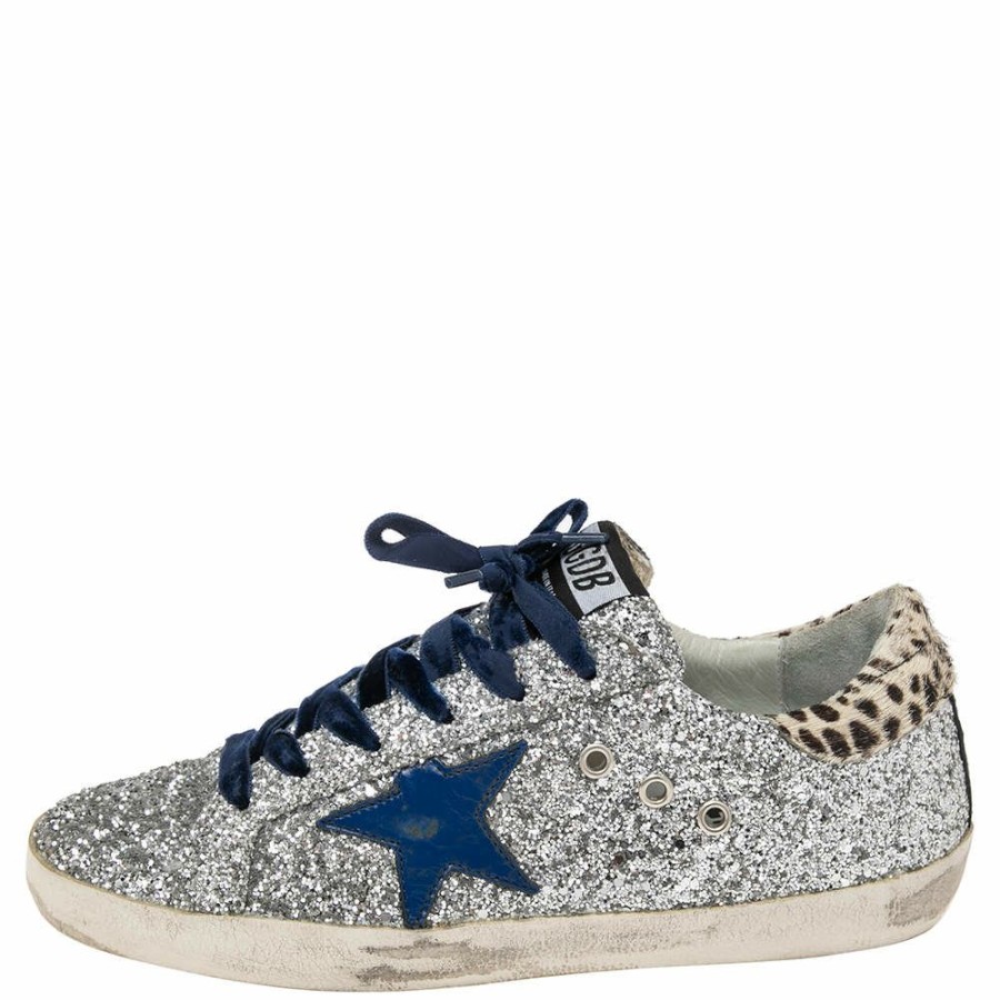 Women * | Golden Goose /Beige Pony Hair And Glitter Superstar Sneakers Size 39 For Women Silver