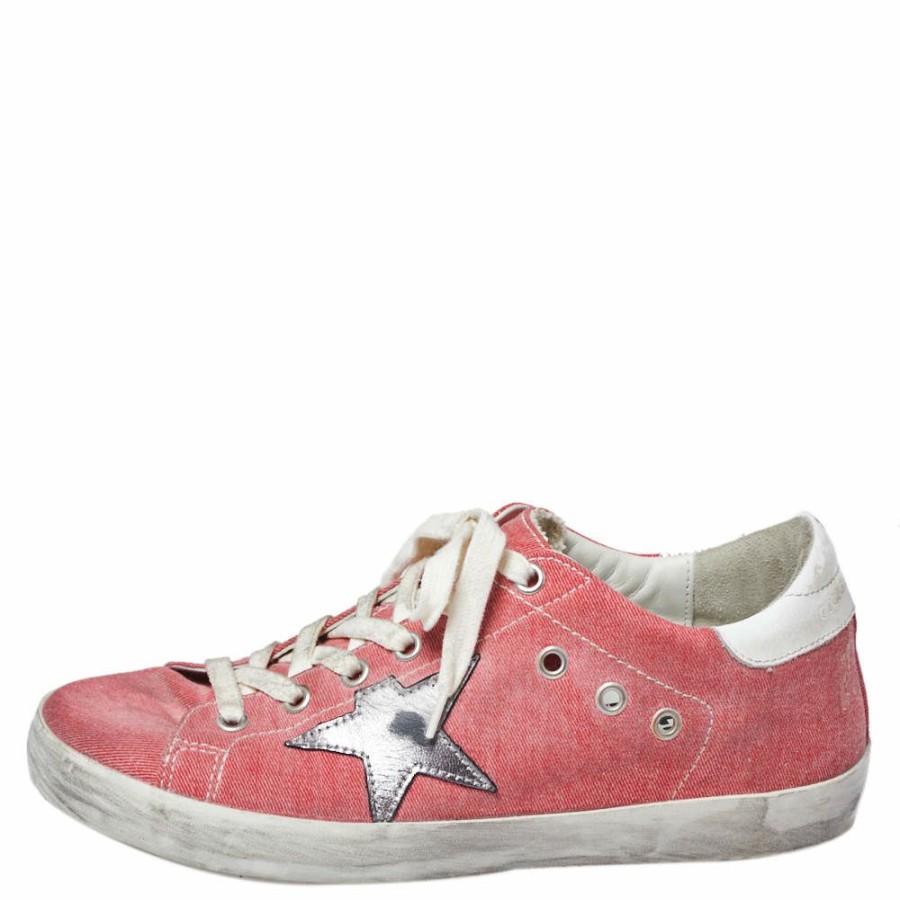 Women * | Golden Goose Denim And Metallic Silver Star Applique Low Top Sneakers Size 38 For Women Pink