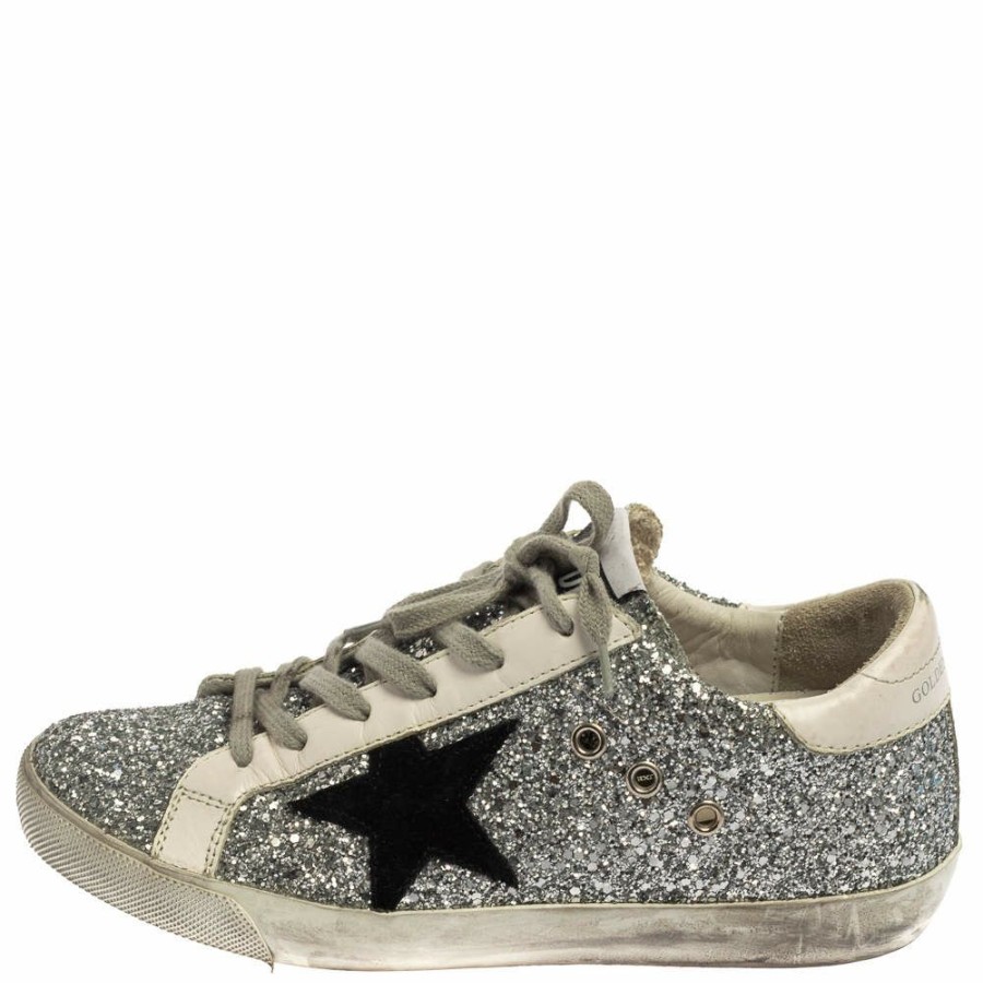 Women * | Golden Goose /White Glitter And Leather Superstar Sneakers Size 37 For Women Silver