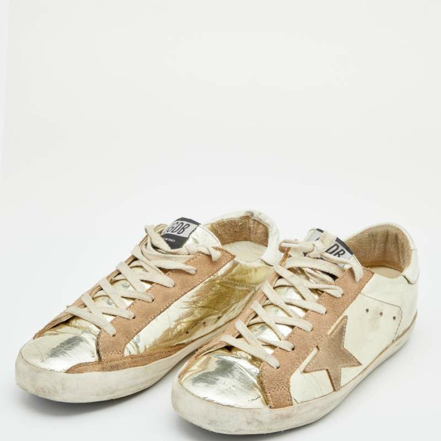 Women * | Golden Goose Gold Leather And Suede Superstar Low Top Sneakers Size 39 For Women Metallic