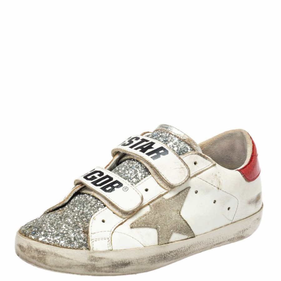 Women * | Golden Goose /Silver Glitter And Leather Old School Sneakers Size 35 For Women White