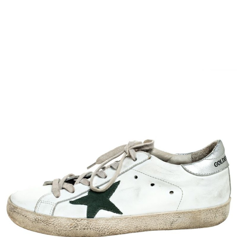 Women * | Golden Goose Leather And Green Suede Superstar Lace Up Sneakers Size 38 For Women White