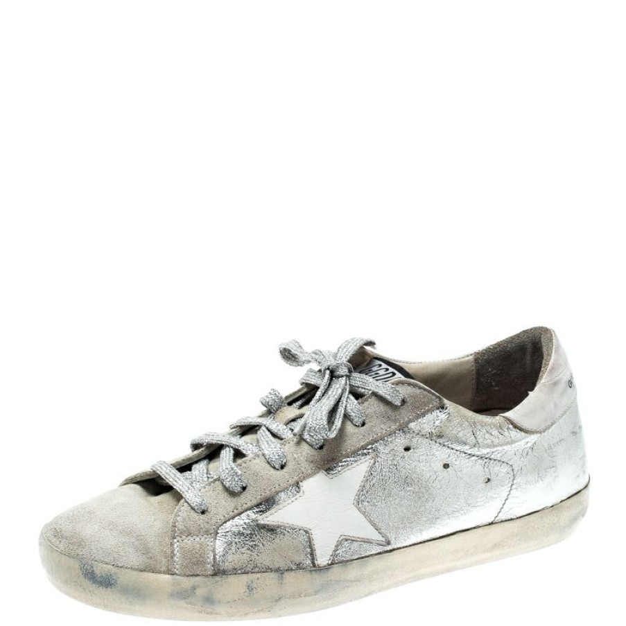 Women * | Golden Goose Metallic Silver Leather And Suede Star Applique Low Top Sneakers Size 39 For Women White