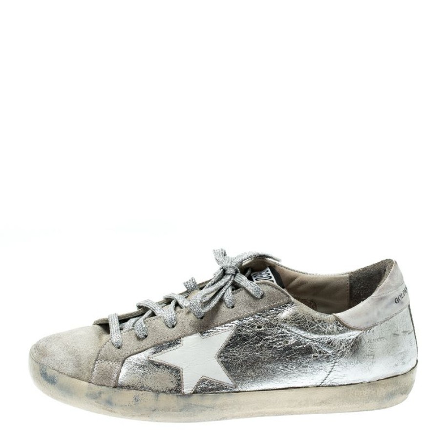 Women * | Golden Goose Metallic Silver Leather And Suede Star Applique Low Top Sneakers Size 39 For Women White