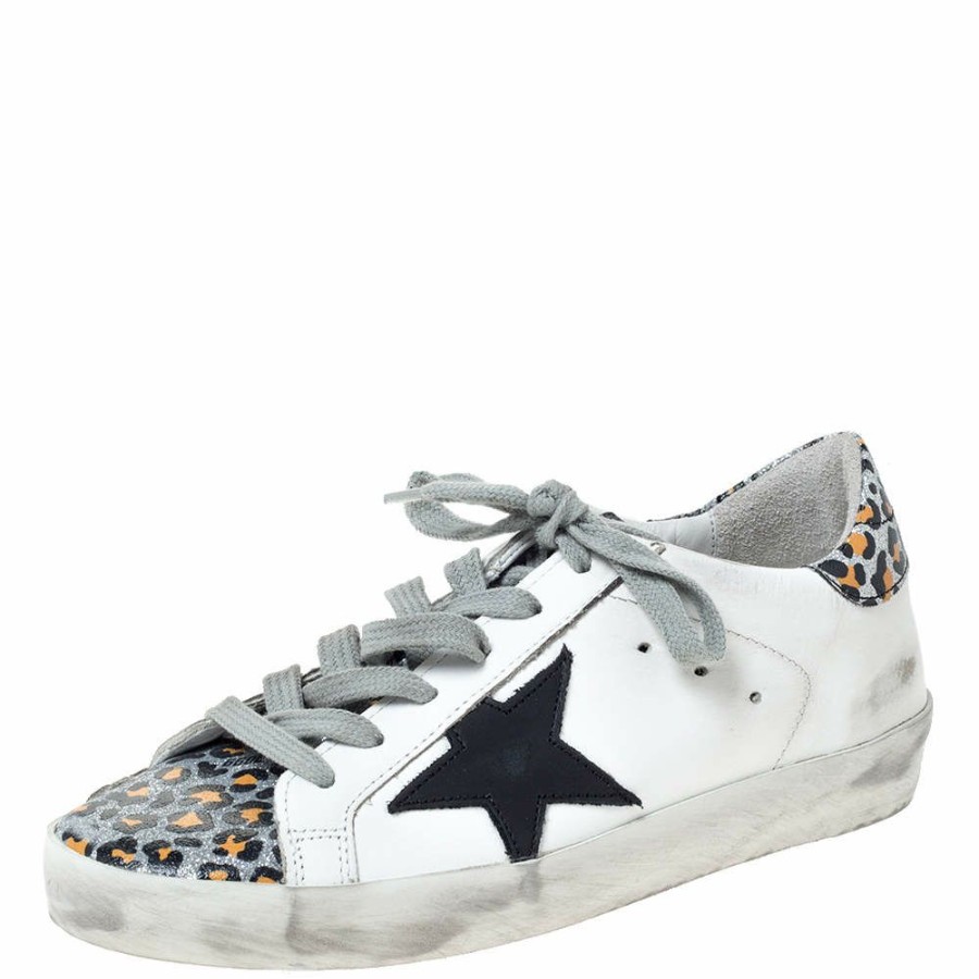 Women * | Golden Goose Deluxe Brand Leather And Leopard Print Leather Superstar Sneakers Size 35 For Women White