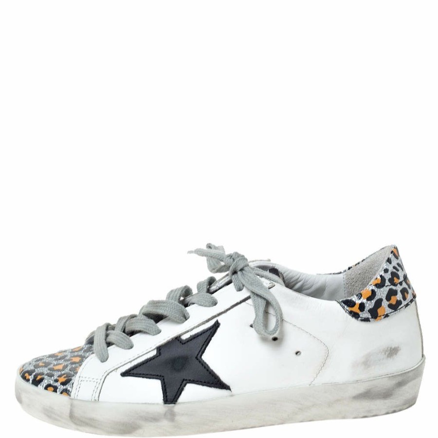 Women * | Golden Goose Deluxe Brand Leather And Leopard Print Leather Superstar Sneakers Size 35 For Women White