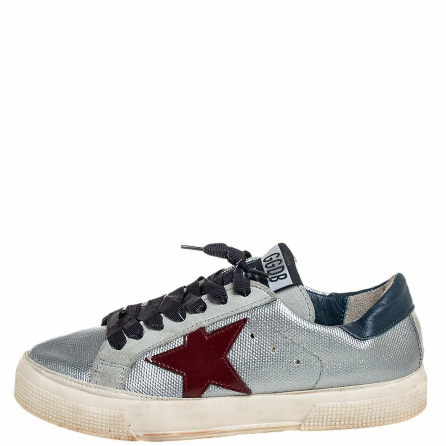 Women * | Golden Goose Leather And Suede May Low Top Sneakers Size 36 For Women Silver