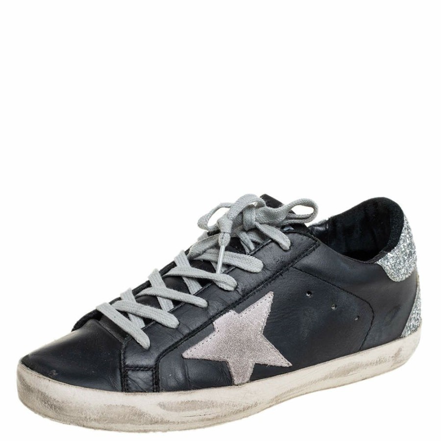 Women * | Golden Goose /Silver Leather And Glitter Superstar Low Top Sneakers Size 37 For Women Black