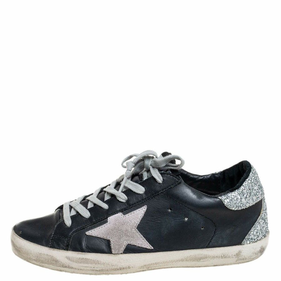 Women * | Golden Goose /Silver Leather And Glitter Superstar Low Top Sneakers Size 37 For Women Black