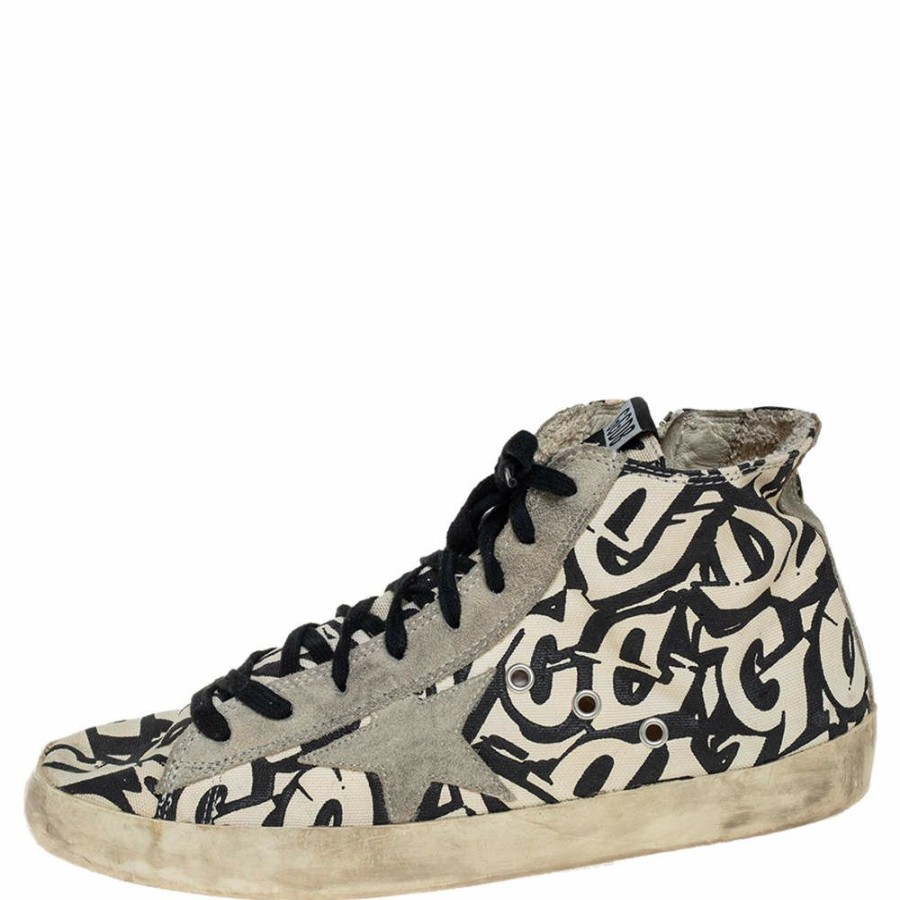 Women * | Golden Goose /Black Printed Canvas Francy High Top Sneakers Size 42 For Women Beige