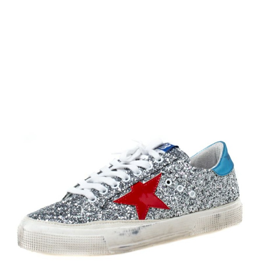 Women * | Golden Goose Metallic Coarse Glitter Superstar Lace Up Sneakers Size 39 For Women Silver