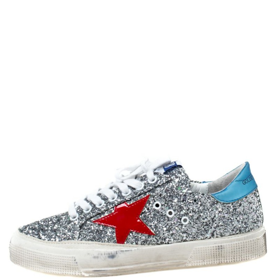 Women * | Golden Goose Metallic Coarse Glitter Superstar Lace Up Sneakers Size 39 For Women Silver