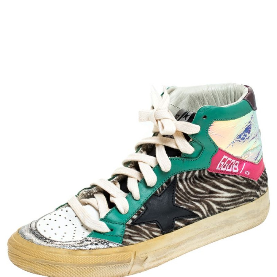 Women * | Golden Goose Leather And Zebra Print Pony Hair High Top Sneakers Size 37 For Women Multicolor