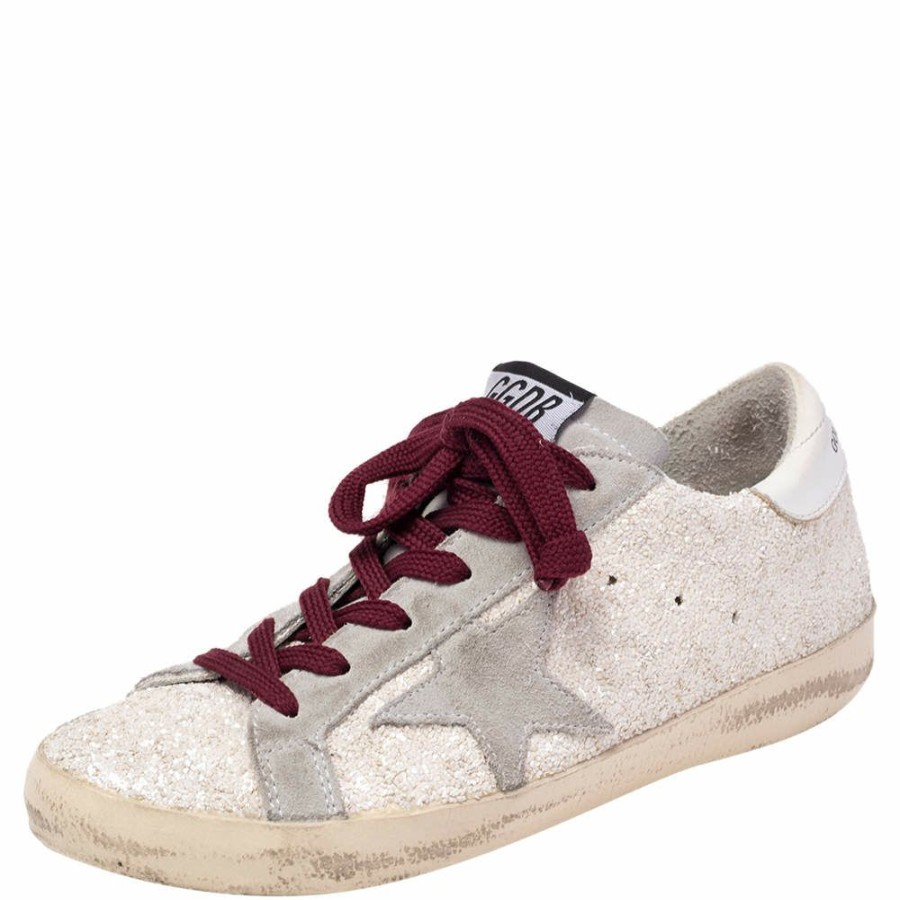 Women * | Golden Goose Vanilla/Grey Glitter And Suede Superstar Low Top Sneaker Size 36 For Women White