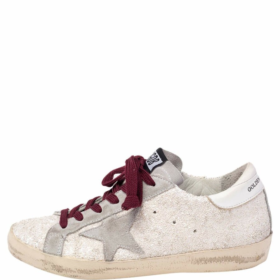 Women * | Golden Goose Vanilla/Grey Glitter And Suede Superstar Low Top Sneaker Size 36 For Women White