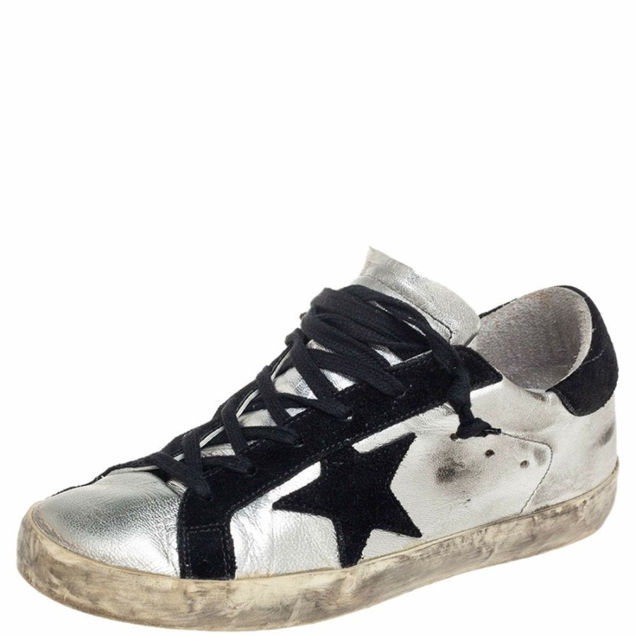 Women * | Golden Goose /Black Leather And Suede Superstar Low-Top Sneakers Size 38 For Women Silver