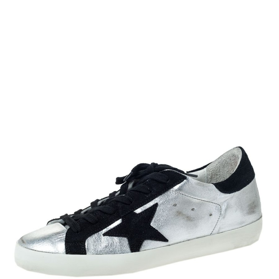 Women * | Golden Goose Leather And Black Suede Distressed Star Low Top Sneakers Size 39 For Women Silver