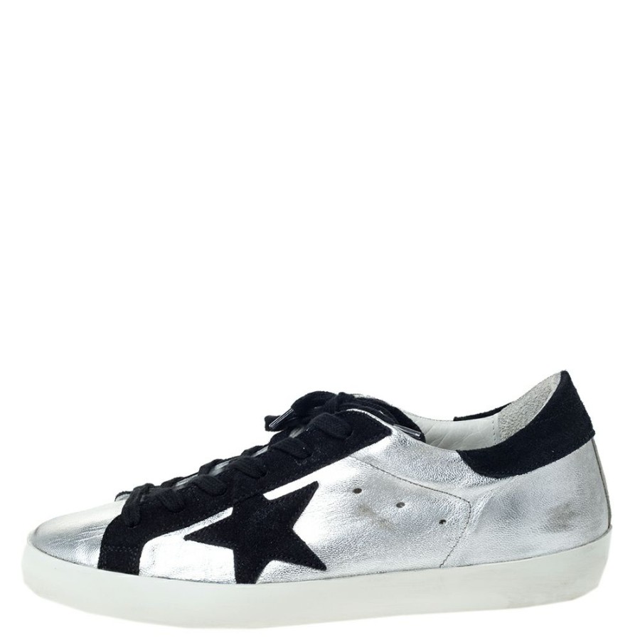 Women * | Golden Goose Leather And Black Suede Distressed Star Low Top Sneakers Size 39 For Women Silver