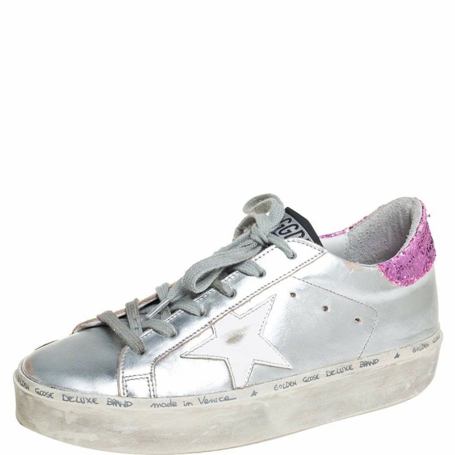 Women * | Golden Goose /Pink Leather And Glitter Superstar Low Top Sneakers Size 37 For Women Silver