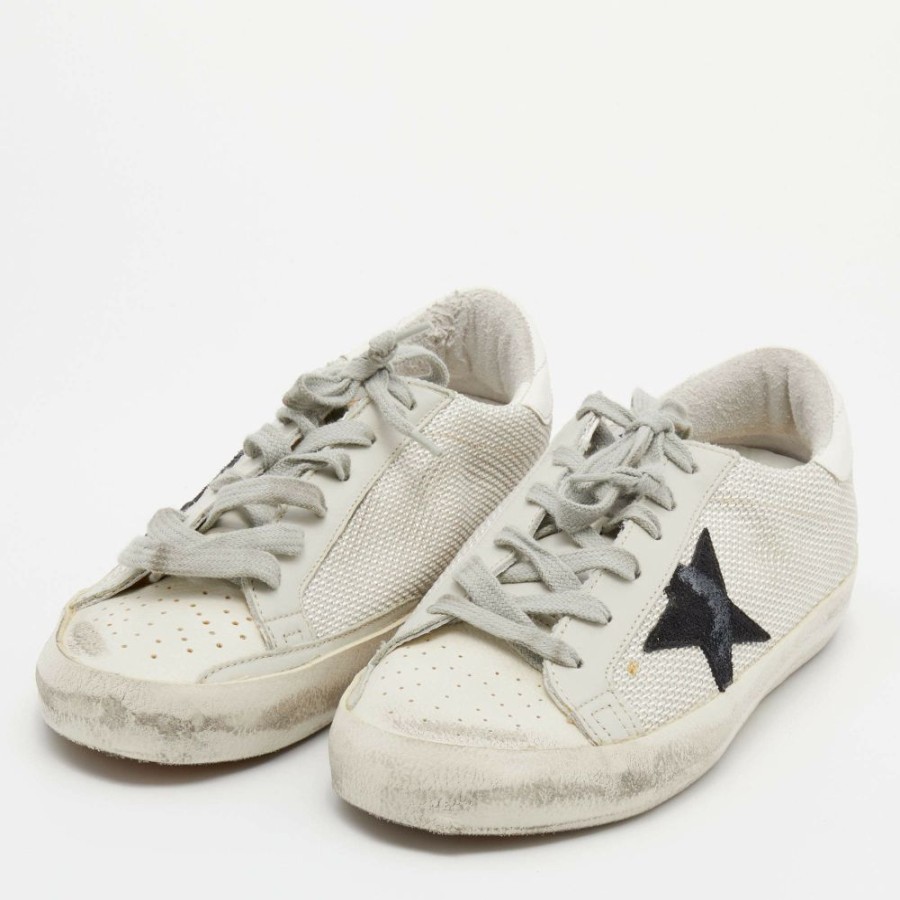 Women * | Golden Goose Off /Grey Woven Fabric And Leather Superstar Sneakers Size 38 For Women White