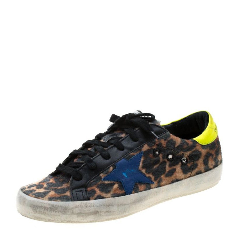 Women * | Golden Goose Leopard Print Calf Hair Superstar Distressed Lace Up Sneakers Size 39 For Women Brown